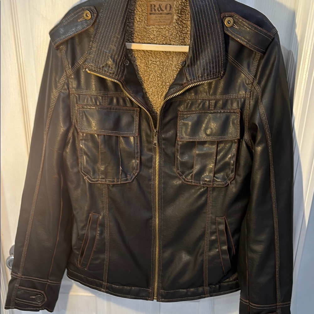 R&O Brown Faux Leather Jacket with Sherpa Lining